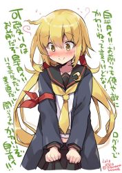 Rule 34 | 1girl, black sailor collar, black skirt, blonde hair, blush, closed mouth, crescent, crescent pin, dated, kantai collection, long hair, long sleeves, low twintails, odawara hakone, one-hour drawing challenge, pleated skirt, sailor collar, satsuki (kancolle), satsuki kai ni (kancolle), school uniform, serafuku, simple background, skirt, solo, translation request, twintails, twitter username, white background, yellow eyes