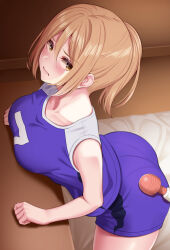 Rule 34 | 1girl, ass, bare arms, bare shoulders, blonde hair, blush, breasts, closed mouth, collarbone, commentary request, embarrassed, from above, hitachi magic wand, huyumitsu, indoors, jersey, large breasts, looking at viewer, looking up, medium hair, original, purple shirt, purple shorts, sex toy, shirt, shorts, sleeveless, solo, thighs, vibrator, yellow eyes