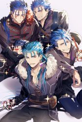 Rule 34 | 1other, 4boys, absurdres, alternate costume, bag, blue hair, chibi, closed mouth, collarbone, cu chulainn (caster) (fate), cu chulainn (fate), cu chulainn (fate) (all), cu chulainn (fate/prototype), cu chulainn (fate/stay night), cu chulainn alter (fate), cu chulainn alter (fate/grand order), earrings, closed eyes, facepaint, fate/grand order, fate/prototype, fate (series), fur-trimmed shirt, fur trim, grin, highres, holding, holding sword, holding weapon, jewelry, lancer, long hair, long sleeves, looking at viewer, mini cu-chan (fate), multiple boys, multiple piercings, one eye closed, open mouth, pants, ponytail, popped collar, rapier, red eyes, satchel, shirt, short hair, smile, sparkle, spiked hair, strap, sword, the musketeers (fate/grand order), weapon, yuu (guruko)