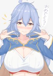 Rule 34 | 10s, 1girl, ahoge, blush, braid, breasts, cleavage, covered erect nipples, crop top, dated, embarrassed, granblue fantasy, hair between eyes, kuavera, large breasts, long hair, looking at viewer, midriff, pointing, pointing at self, silva (granblue fantasy), silver hair, solo, translated, twin braids, upper body, very long hair, yellow eyes