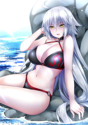 Rule 34 | 1girl, abe inori, ahoge, bikini, black bikini, black choker, blonde hair, breasts, choker, cleavage, commentary request, fate/grand order, fate (series), hair between eyes, jeanne d&#039;arc alter (swimsuit berserker) (fate), jeanne d&#039;arc (fate), jeanne d&#039;arc alter (fate), jeanne d&#039;arc alter (swimsuit berserker) (fate), large breasts, light rays, long hair, looking at viewer, navel, o-ring, o-ring bikini, o-ring bottom, o-ring top, ocean, outdoors, rock, silver hair, sky, solo, swimsuit, yellow eyes