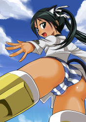 Rule 34 | 00s, 1girl, ass, black hair, breasts, cameltoe, francesca lucchini, from below, green eyes, medium breasts, no pants, panties, pantyshot, solo, strike witches, striped clothes, striped panties, tail, taku-tama, trefoil, twintails, underwear, upshirt, world witches series