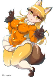Rule 34 | 10s, 1girl, animal ears, blazer, bow, bowtie, brown gloves, buttons, covered erect nipples, extra ears, ezo red fox (kemono friends), fox ears, fox shadow puppet, fox tail, fur trim, gloves, gradient legwear, haku hakujou daimaou, highres, jacket, kemono friends, loafers, long hair, long sleeves, looking at viewer, multicolored clothes, multicolored legwear, necktie, orange hair, panties, pantyhose, pleated skirt, shoes, signature, skirt, solo, tail, underwear, white bow, white bowtie, white panties, white skirt, wide hips, yellow eyes, yellow necktie