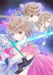 Rule 34 | 3girls, blue reflection, blue reflection (series), breasts, brown hair, cleavage, dress, frills, gloves, hair ornament, heterochromia, holding, holding weapon, jewelry, kishida mel, long hair, looking at viewer, multiple girls, official art, ring, shijou raimu, shijou yuzuki, shirai hinako, short hair, simple background, sleeveless, sword, twintails, weapon, white gloves
