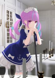 Rule 34 | 1girl, absurdres, blue dress, braid, candle, candlestand, closed mouth, dress, feet out of frame, fork, glass, hair ribbon, highres, holding, holding mop, hololive, leaning forward, light blush, long hair, looking at viewer, maid, maid headdress, minato aqua, minato aqua (1st costume), mop, multicolored hair, plate, purple eyes, purple hair, ribbon, short sleeves, solo, standing, streaked hair, table, thomas 8000, twintails, virtual youtuber