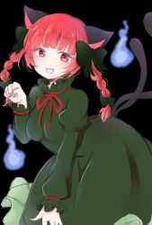 Rule 34 | 1girl, :d, animal ears, bent over, black background, blunt bangs, blush, bow, breasts, cat ears, cat tail, cowboy shot, dress, fang, fingernails, green dress, hair bow, hair ribbon, hand up, highres, hitodama, juliet sleeves, kaenbyou rin, long fingernails, long hair, long sleeves, looking at viewer, medium breasts, multiple tails, nekomata, open mouth, paw pose, ponta (wwtaimeww), puffy sleeves, red eyes, red hair, red neckwear, red ribbon, ribbon, simple background, sleeves past wrists, smile, solo, tail, touhou, tress ribbon, twintails, two tails