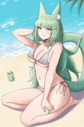 Rule 34 | 1girl, animal ear fluff, animal ears, arknights, beach, bikini, blush, breasts, cat ears, cat girl, cleavage, commentary, english commentary, fangs (fangs art), green eyes, green hair, green nails, harmonie (arknights), highres, large breasts, long hair, looking at viewer, navel, ocean, palm leaf, sand, seiza, side-tie bikini bottom, sitting, smile, solo, swimsuit, thighs, water, white bikini