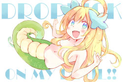 Rule 34 | 1girl, :d, ahoge, blonde hair, blue eyes, blue ribbon, blush, breasts, convenient censoring, copyright name, fangs, full body, hair censor, hair over breasts, hair ribbon, jashin-chan, jashin-chan dropkick, lamia, long hair, looking at viewer, monster girl, navel, nekokun, open mouth, ribbon, sidelocks, small breasts, smile, solo, topless, white background