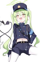 Rule 34 | :d, armband, blue archive, blush, dusu (htkj), earrings, fang, green hair, halo, hat, highres, jewelry, long hair, long sleeves, looking at viewer, midriff, navel, open mouth, pointy ears, simple background, single earring, skin fang, smile, tail, twintails, yellow eyes