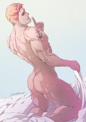 Rule 34 | 1boy, arm tattoo, artist name, ass, back, bara, bed, blonde hair, completely nude, dream daddy: a dad dating simulator, evinist, finger to mouth, highres, joseph (dream daddy), joseph christiansen, large pectorals, looking back, male focus, muscular, muscular male, nipples, nude, pectorals, short hair, shushing, solo, tattoo, thick thighs, thighs