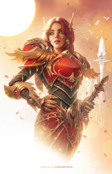 Rule 34 | 1girl, absurdres, armor, blood elf (warcraft), breastplate, dmitry prozorov, elf, gauntlets, glowing, glowing eyes, gold trim, green eyes, highres, holding, holding sword, holding weapon, long eyebrows, long pointy ears, paladin, paladin (warcraft), pointy ears, red armor, shoulder armor, sword, warcraft, weapon, world of warcraft