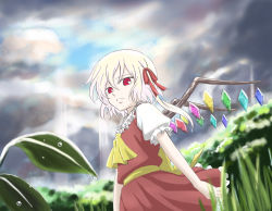 Rule 34 | 1girl, ascot, bad id, bad pixiv id, blurry, cloud, cowboy shot, day, depth of field, female focus, flandre scarlet, outdoors, plant, ponytail, red eyes, ribbon, ryokucha, short hair, short hair with long locks, sky, solo, standing, touhou, tree, wings, yellow ascot