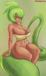 Rule 34 | 1girl, amalia sheran sharm, bare arms, bare shoulders, barefoot, breasts, cleavage, collarbone, commentary, curvy, dark-skinned female, dark skin, green hair, highres, large breasts, long hair, midriff, navel, parted lips, simple background, sitting, smile, solo, stomach, strapless, superbusty, teeth, thick thighs, thighs, toes, tube top, underwear, wakfu, wide hips, yellow eyes