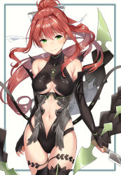 Rule 34 | 1girl, arm at side, bare shoulders, black gloves, black thighhighs, blush, bow, breasts, butcher knife, cleavage, cleavage cutout, closed mouth, clothing cutout, commentary request, cosplay, cowboy shot, doki doki literature club, elbow gloves, fingerless gloves, fire emblem, fire emblem: three houses, gloves, gluteal fold, green eyes, hair bow, hair intakes, haru (nakajou-28), high ponytail, highres, holding, holding knife, knife, kronya (fire emblem), kronya (fire emblem) (cosplay), long hair, looking at viewer, medium breasts, monika (doki doki literature club), navel, navel cutout, nintendo, red hair, simple background, smile, solo, thigh gap, thigh strap, thighhighs, very long hair, white background, white bow