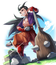 Rule 34 | 1boy, 1other, belt, bone necklace, boots, club, club (weapon), dragon quest, dragon quest builders 2, gloves, grass, grin, hand on own hip, highres, jacket, katsutake, long hair, outdoors, pointy ears, puffy pants, purple jacket, red eyes, red footwear, red gloves, rock, sidoh (dqb2), slime (dragon quest), smile, spiked club, standing, sunlight, teeth, weapon