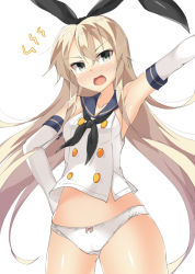 Rule 34 | 10s, 1girl, alternate costume, anchor hair ornament, bad id, bad pixiv id, black eyes, blonde hair, crop top, elbow gloves, gloves, hair ornament, hairband, kankitsunabe (citrus), kantai collection, long hair, panties, sailor collar, shimakaze (kancolle), solo, standing, underwear, white gloves, white panties