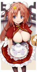 Rule 34 | 1girl, alternate costume, baozi, black thighhighs, blue eyes, blush, braid, breasts, bun cover, cleavage, cup, double bun, dress, efe, food, hair bun, hair ornament, highres, holding, hong meiling, large breasts, long hair, open mouth, red dress, red hair, short sleeves, solo, star (symbol), star hair ornament, thighhighs, touhou, twin braids