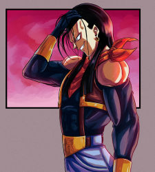 Rule 34 | 1boy, abs, absurdres, android, bare shoulders, black hair, blue eyes, cleavage cutout, clothing cutout, denim, dragon ball, dragon ball gt, evil grin, evil smile, fusion, gloves, grin, hand on own head, highres, jeans, long hair, looking away, looking to the side, male focus, muscular, muscular arms, muscular back, muscular legs, muscular male, ornament, pants, pectorals, smile, smirk, smug, solo, super 17, super android 17, suspenders