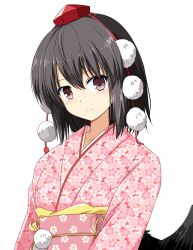 Rule 34 | 1girl, alternate costume, bird wings, black hair, black wings, brown eyes, commentary, floral print, floral print kimono, hat, highres, japanese clothes, kimono, light blush, long sleeves, looking at viewer, obi, obijime, pink kimono, pom pom (clothes), print kimono, red hat, rise (rise19851203), sash, shameimaru aya, short hair, simple background, smile, solo, tokin hat, touhou, white background, wings
