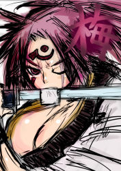 Rule 34 | 1girl, arc system works, baiken, breasts, cleavage, facial tattoo, guilty gear, ichigai (hayawossan), japanese clothes, katana, kimono, large breasts, long hair, mouth hold, one-eyed, open clothes, open kimono, pink hair, red eyes, scar, scar across eye, scar on face, solo, sword, tattoo, weapon