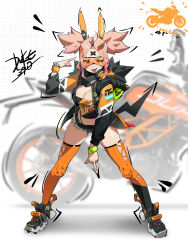 Rule 34 | 1girl, :d, absurdres, backpack, bag, bandaid, bandaid on face, bandaid on forehead, black footwear, black jacket, breasts, cleavage, crop top, denim, denim shorts, fingernails, goggles, hand up, highres, jacket, large breasts, long sleeves, looking at viewer, micro shorts, middle finger, motor vehicle, motorcycle, nail polish, open clothes, open jacket, open mouth, orange-tinted eyewear, orange-tinted glasses, orange nails, orange thighhighs, original, personification, piercing, pink hair, shoes, shorts, skindentation, smile, solo, sunglasses, thighhighs, tinted eyewear, tongue, tongue out, tongue piercing, twintails, visor, waterkuma, wristband