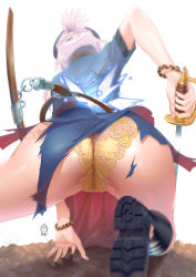 Rule 34 | 1girl, arm support, ass, ass focus, belt, blue shirt, blue skirt, boots, bracelet, braid, brown belt, dust, elisa anker, french braid, from behind, ge xi, hair ornament, hairclip, highres, holding, holding sword, holding weapon, jewelry, levasol defense corps, long hair, loose belt, miniskirt, nail polish, on one knee, panties, pink hair, pink nails, police, police uniform, shirt, short ponytail, short sleeves, skirt, sword, thighs, torn boots, torn clothes, underwear, uniform, weapon, witches in 7th base, yellow panties