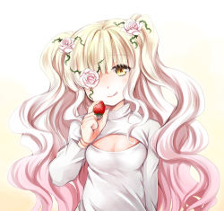 Rule 34 | 1girl, ai (creamcaramel), blonde hair, breasts, cleavage, cleavage cutout, clothing cutout, eyepatch, female focus, flower, food, fruit, gradient background, gradient hair, hair flower, hair ornament, kirakishou, long hair, lowres, meme attire, multicolored hair, open-chest sweater, pink hair, plant, rozen maiden, solo, strawberry, sweater, upper body, white background, yellow eyes