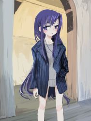 Rule 34 | 1girl, absurdres, bad id, bad twitter id, blue jacket, blush, closed mouth, gishiki (gshk), goshiki agiri, grey sweater, hand in pocket, highres, jacket, kill me baby, long hair, long sleeves, looking at viewer, open clothes, open jacket, purple eyes, purple hair, solo, standing, striped clothes, striped jacket, sweater, very long hair