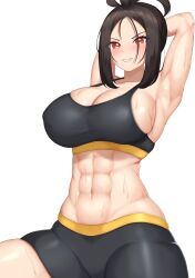 Rule 34 | 1girl, abs, absurdres, armpits, arms behind head, bike shorts, black hair, black shorts, black sports bra, breasts, brown eyes, cleavage, commentary request, creatures (company), dendra (pokemon), game freak, highres, large breasts, looking at viewer, navel, nintendo, parted bangs, parted lips, pokemon, pokemon sv, sharen, shorts, sideboob, smile, solo, sports bra, sweat, toned, white background