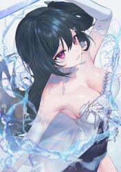 Rule 34 | 1girl, black hair, breasts, cleavage, detached sleeves, dress, earrings, elbow gloves, gloves, hair between eyes, highres, jewelry, large breasts, long hair, lucia: plume (dance of ripplets) (punishing: gray raven), lucia (punishing: gray raven), nellku24, parted lips, punishing: gray raven, red eyes, shell, shell earrings, sidelocks, solo, water, white dress, white gloves, white sleeves