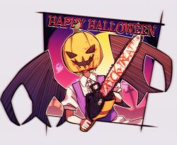 Rule 34 | 1other, androgynous, atoymk, bat wings, black wings, blood, center frills, chainsaw, collared shirt, english text, frills, ghost (len&#039;en), happy halloween, highres, holding, holding chainsaw, len&#039;en, other focus, puffy short sleeves, puffy sleeves, pumpkin on head, purple vest, shirt, short sleeves, umatachi tsugumi, upper body, vest, white shirt, wings