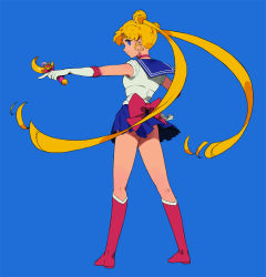 Rule 34 | 1990s (style), 1girl, bad id, bad pixiv id, bishoujo senshi sailor moon, blonde hair, blue eyes, blue sailor collar, blue skirt, boots, bow, full body, knee boots, long hair, looking back, magical girl, red bow, retro artstyle, riqurr, sailor collar, sailor moon, school uniform, serafuku, simple background, skirt, smile, solo, tsukino usagi, twintails, very long hair