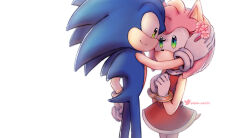 Rule 34 | 1boy, 1girl, amy rose, animal ears, animal nose, arm up, artist name, back, bare shoulders, blue fur, bracelet, closed mouth, commentary request, covered mouth, dress, eyelashes, flower, furry, furry female, furry male, gloves, gold bracelet, green eyes, hand on own hip, hands up, hedgehog, hedgehog ears, hedgehog girl, hedgehog tail, hetero, highres, holding, holding flower, jewelry, looking at another, nozomiaisha, pink flower, pink fur, red dress, simple background, sleeveless, sleeveless dress, smile, sonic (series), sonic the hedgehog, tail, turtleneck, turtleneck dress, white background, white gloves