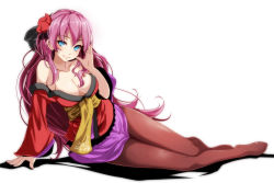 Rule 34 | 1girl, arm support, black bow, blue eyes, bow, breasts, brown pantyhose, cleavage, closed mouth, collarbone, flower, hair between eyes, hair bow, hair flower, hair ornament, hand in own hair, japanese clothes, kimono, long hair, looking at viewer, lying, medium breasts, megurine luka, miniskirt, off shoulder, on side, pantyhose, pink hair, pink skirt, project diva (series), red flower, red kimono, shiny clothes, shiny legwear, simple background, skirt, smile, solo, tsukishiro saika, very long hair, vocaloid, white background