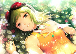 Rule 34 | 1girl, anina, flower, flower bed, goggles, goggles on head, green eyes, green hair, gumi, hand on own chest, headset, lying, nail polish, short hair, smile, solo, vocaloid, wrist cuffs