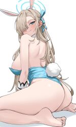 1girl absurdres animal_ear_hairband animal_ears aqua_eyes aqua_leotard ass asuna_(blue_archive) asuna_(bunny)_(blue_archive) asymmetrical_bangs bare_legs blue_archive blush breasts commentary fake_animal_ears fake_tail feet_out_of_frame gloves hair_over_one_eye hair_ribbon hairband halo highres jeon_(user_ywaw3774) kneeling large_breasts leotard light_brown_hair long_hair looking_to_the_side official_alternate_costume one_eye_covered playboy_bunny rabbit_ear_hairband rabbit_ears rabbit_tail ribbon sideboob simple_background smile soles solo strapless tail toes very_long_hair white_background white_gloves