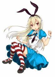Rule 34 | 1girl, alice (alice in wonderland), alice (alice in wonderland) (cosplay), alice in wonderland, alternate eye color, blonde hair, blue dress, bow, chestnut mouth, cosplay, detached sleeves, dress, full body, hair bow, hairband, hi nomase ijin, highres, hinoma seijin, honoma seijin, kantai collection, knees together feet apart, long hair, looking at viewer, mary janes, puffy short sleeves, puffy sleeves, red eyes, shimakaze (kancolle), shoes, short sleeves, simple background, solo, striped clothes, striped thighhighs, thighhighs, white background