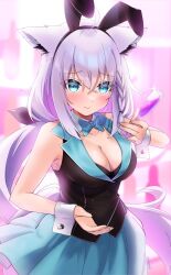 Rule 34 | 1girl, absurdres, ahoge, animal ear fluff, animal ears, bare arms, blue bow, blue bowtie, blue skirt, blurry, blurry background, blush, bow, bowtie, braid, breasts, bunny garden, cleavage, commentary request, cup, detached collar, drinking glass, earrings, fake animal ears, fox ears, fox girl, fox tail, green eyes, hair between eyes, highres, holding, holding cup, hololive, jewelry, large breasts, long hair, looking at viewer, rabbit ears, shirakami fubuki, sidelocks, single braid, skirt, smile, solo, tail, toketa neko, virtual youtuber, white hair, wine glass, wrist cuffs