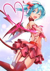 Rule 34 | 1girl, absurdres, ahoge, aira (exp), aqua hair, bare shoulders, belt, commentary, crop top, demon tail, demon wings, elbow gloves, fingerless gloves, from behind, garter straps, gloves, hair ribbon, hatsune miku, headphones, heart, heart hunter (module), highres, looking back, medium hair, miniskirt, nail polish, one eye closed, outstretched arms, pink gloves, project diva (series), red nails, red shirt, red skirt, red thighhighs, ribbon, shirt, skirt, smile, solo, tail, thighhighs, twintails, vocaloid, wings