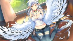 Rule 34 | 1girl, ahoge, artist request, bare shoulders, bird legs, blush, breasts, cleavage, denim, earrings, feathered wings, feathers, harpy, haru (monster musume), jeans, jewelry, large breasts, long hair, looking at viewer, medium breasts, midriff, monster girl, monster musume no iru nichijou, monster musume no iru nichijou online, navel, official art, on floor, pants, pointy ears, sitting, smile, solo, talons, torn clothes, torn jeans, torn pants, very long hair, wariza, white hair, white wings, window, winged arms, wings, yellow eyes