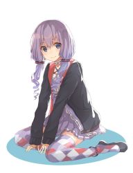 Rule 34 | 1girl, anklet, argyle, argyle clothes, argyle legwear, bad id, bad twitter id, black footwear, blue eyes, blush, choker, closed mouth, curly hair, dress, hood, hoodie, jewelry, long hair, looking at viewer, low twintails, open clothes, open hoodie, oweee, purple dress, purple thighhighs, ringlets, shoes, simple background, sitting, smile, solo, thighhighs, twintails, vocaloid, voiceroid, wariza, white background, yuzuki yukari