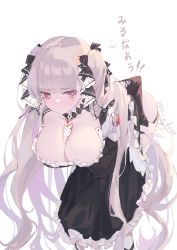 Rule 34 | 1girl, absurdres, artist name, azur lane, black dress, black panties, black ribbon, black sleeves, blush, breasts, chinese commentary, cleavage, closed mouth, commentary request, dated, detached sleeves, dress, feet out of frame, formidable (azur lane), grey hair, hair ribbon, highres, kami otona, large breasts, leaning forward, long hair, looking at viewer, panties, panty pull, pout, pulling own clothes, red eyes, ribbon, simple background, solo, translation request, twintails, underwear, undressing, very long hair, white background