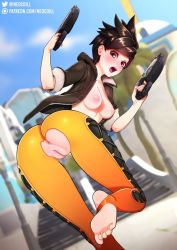 Rule 34 | 1girl, anus, artist name, breasts, brown eyes, brown hair, cleft of venus, crotch cutout, feet, from behind, gun, jacket, looking back, neocoill, nipples, open clothes, open jacket, open mouth, overwatch, overwatch 1, patreon, pussy, short hair, soles, solo, spiked hair, stirrup legwear, toeless legwear, toes, tracer (overwatch), uncensored, watermark, weapon, web address