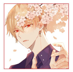 Rule 34 | 1boy, blonde hair, branch, buttons, collared shirt, earrings, fate/grand order, fate (series), flower, gilgamesh (fate), hair between eyes, highres, jewelry, looking at viewer, lower teeth only, male focus, open mouth, petals, red eyes, shirt, short hair, shu (oshigoto boshuuchuu), simple background, solo, square, teeth, white background