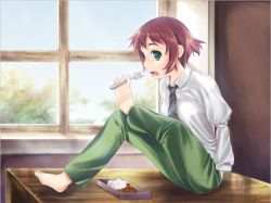 Rule 34 | 10s, 1girl, amputee, armless amputee, barefoot, curry, double amputee, eating, feet, food, game cg, green eyes, indoors, jpeg artifacts, katawa shoujo, left-handed, messy hair, necktie, red hair, short hair, solo, tezuka rin, window