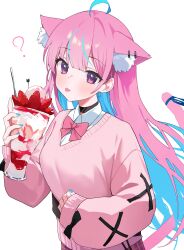 Rule 34 | 1girl, ?, absurdres, ahoge, animal ear fluff, animal ear piercing, animal ears, black choker, blue hair, blue nails, blush, bow, bowtie, cardigan, cat ears, cat tail, choker, colored inner hair, cup, fingernails, hand up, highres, holding, holding cup, hololive, long fingernails, long hair, long sleeves, looking at viewer, minato aqua, multicolored hair, nail polish, nel dcm, parfait, pink bow, pink bowtie, pink cardigan, pink hair, plaid, plaid skirt, purple eyes, shirt, simple background, skirt, solo, tail, tongue, tongue out, upper body, very long hair, virtual youtuber, white background, white shirt