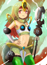 Rule 34 | 1girl, :3, abs, arm warmers, armor, armpits, bare shoulders, breastplate, breasts, closed mouth, commentary request, cowboy shot, daigusto sphreez, detached sleeves, duel monster, fur, gradient hair, green hair, green skirt, green sleeves, green thighhighs, green tube top, hand on own hip, headband, headgear, holding, holding staff, ishii (young-moon), long hair, looking at viewer, midriff, miniskirt, multicolored hair, navel, pouch, red eyes, red headband, ribbed legwear, sidelocks, single arm warmer, single detached sleeve, skirt, small breasts, smile, solo, staff, standing, strapless, striped clothes, striped thighhighs, thigh pouch, thighhighs, tube top, vertical-striped clothes, vertical-striped thighhighs, very long hair, yu-gi-oh!, zettai ryouiki