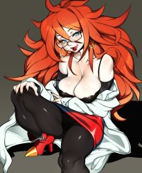 Rule 34 | 1girl, absurdres, android, android 21, arm warmers, bad id, bad pixiv id, bare shoulders, big hair, black-framed eyewear, black nails, black pantyhose, blue eyes, boots, bra, breasts, brown hair, cleavage, curly hair, detached sleeves, dragon ball, dragon ball fighterz, dress, earrings, glasses, grey background, high heel boots, high heels, highres, hoop earrings, jewelry, lab coat, large breasts, lipstick, long hair, looking at viewer, makeup, medium breasts, multicolored boots, multicolored clothes, multicolored dress, nail polish, pantyhose, red hair, solo, squatting, thick thighs, thighs, tongue, tongue out, underwear, venusflower