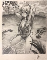 Rule 34 | 1girl, adjusting hair, arms up, bikini, breasts, cleavage, collarbone, commentary request, dated, fate/grand order, fate (series), flower, graphite (medium), highres, kneeling, large breasts, looking at viewer, monochrome, mouth hold, ocean, palm tree, ponytail, side-tie bikini bottom, signature, solo, swimsuit, tomoe gozen (fate), traditional media, tree, unique (pixiv12704744), vest