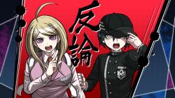 Rule 34 | 1boy, 1girl, ahoge, akamatsu kaede, backpack, bag, baseball cap, black hat, black jacket, blonde hair, blue hair, breasts, buttons, clenched hand, collared jacket, collared shirt, commentary request, crest, danganronpa (series), danganronpa v3: killing harmony, double-breasted, eyelashes, fortissimo, hair between eyes, hair ornament, hand on headwear, hat, high collar, jacket, large breasts, layered sleeves, long hair, long sleeves, musical note, musical note hair ornament, necktie, official style, one eye closed, open mouth, orange necktie, parody, pink vest, pinstripe jacket, pinstripe pattern, pinstripe sleeves, pocket, purple eyes, saihara shuichi, shirt, short hair, style parody, teeth, upper body, v-shaped eyebrows, vest, white bag, white shirt, white sleeves, yellow eyes, yumaru (marumarumaru)